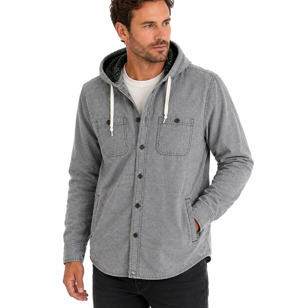 Modern Amusement Hooded Button Down Shirt Mens Small Grey Cotton Utility Jacket
